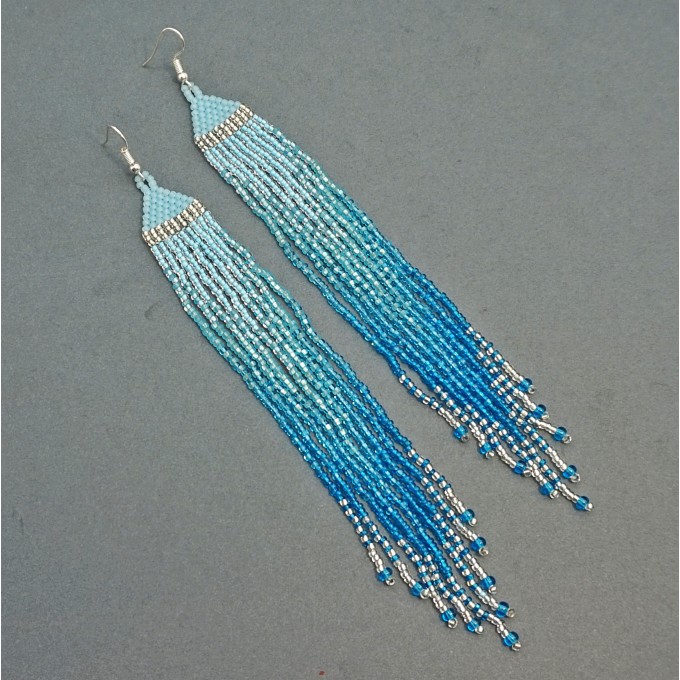 Long Beaded Earrings in Blue Gradient