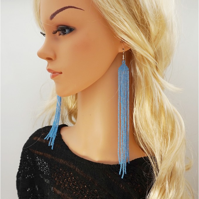 Light blue long dangle beaded earrings