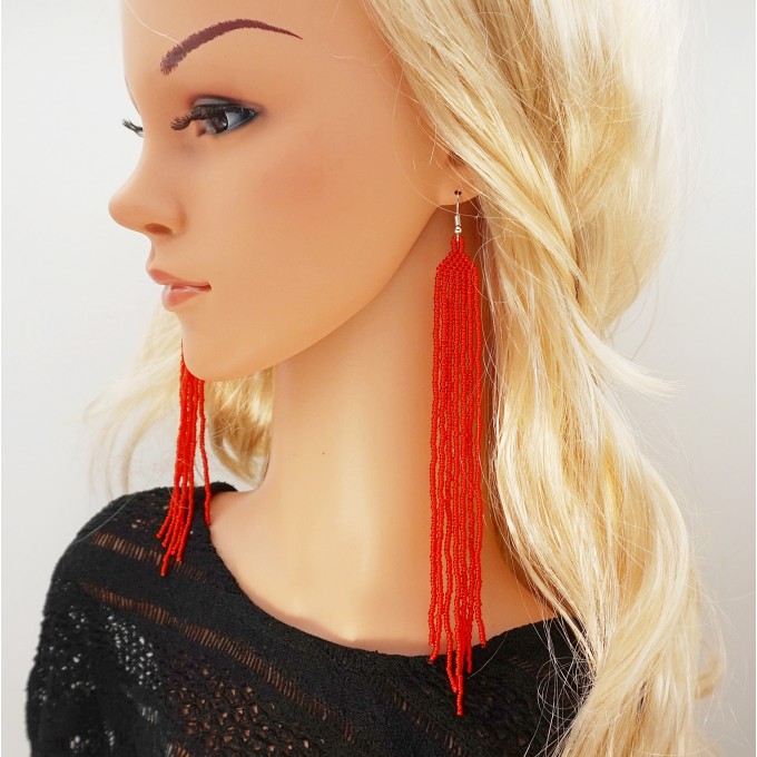 Red dangle long statement beaded earrings
