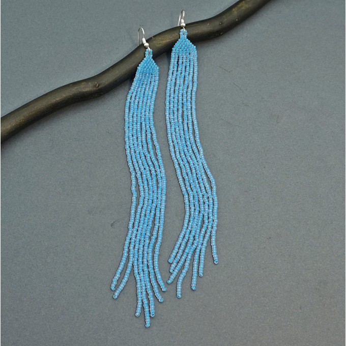 Long Light Blue Beaded Earrings