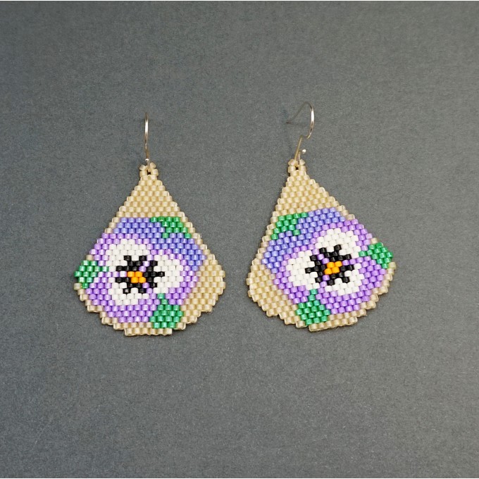 Violet Pansy Flower Small Beaded Earrings