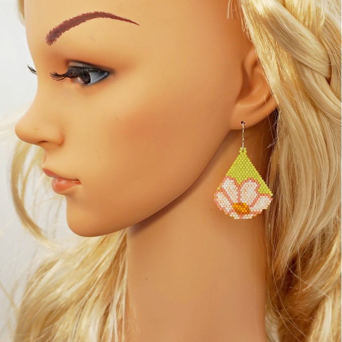 Pink Daisy on Chartreuse Drop Earrings