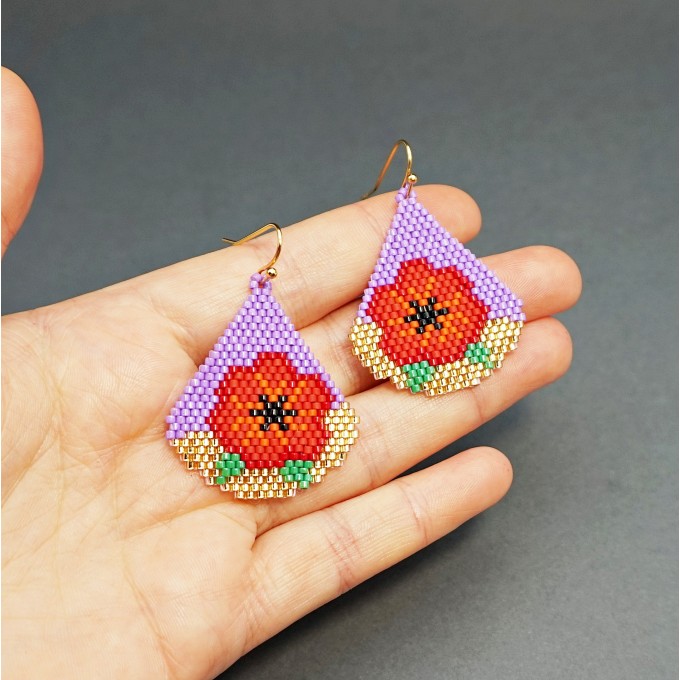 Red Poppy Flower on Purple Drop Beaded Earrings by Galiga Jewelry