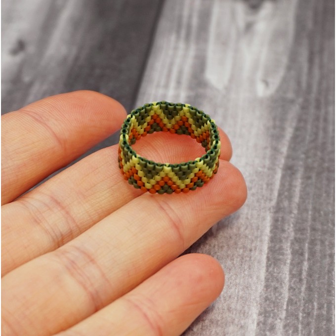 Thin Avocado Green Brown Band Beaded Ring