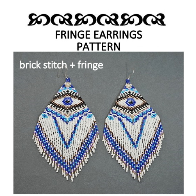 Blue evil eye beaded fringe earrings pattern