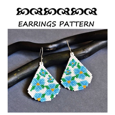 Blue Forget-Me-Not Flower Earrings on White Seed Beads Pattern