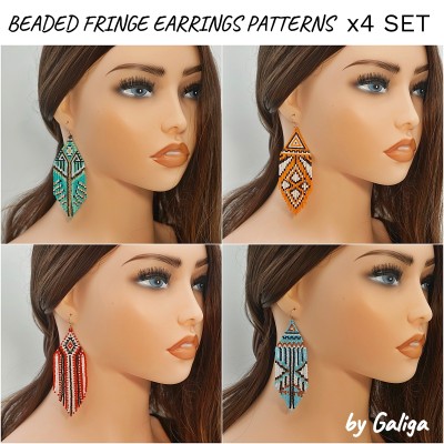 Fringe Beaded Earrings Patterns Set of 4 - Ethnic Motives