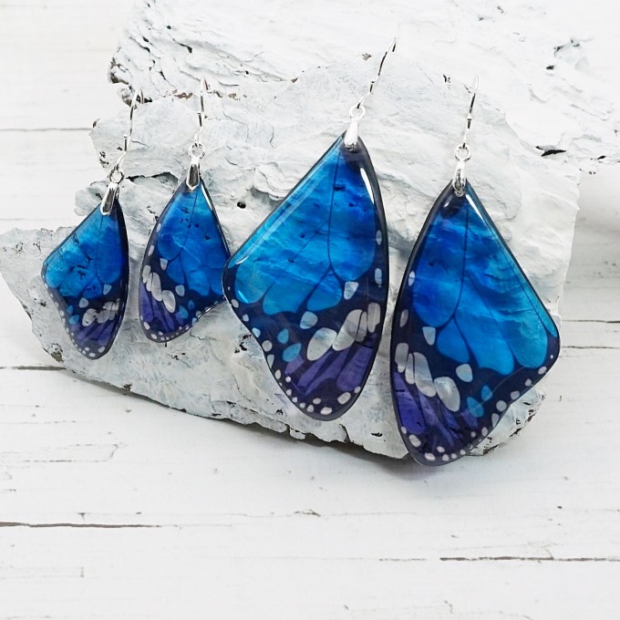 Handmade blue butterfly wing earrings in clear resin.