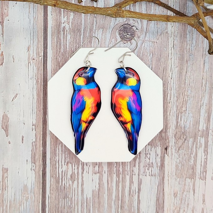 Colorful Finch Bird Earrings in bright transparent resin, lightweight and comfortable