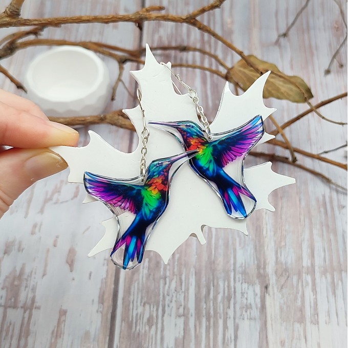 Hummingbird Earrings of Transparent Resin - Handmade, Unique Bird Jewelry