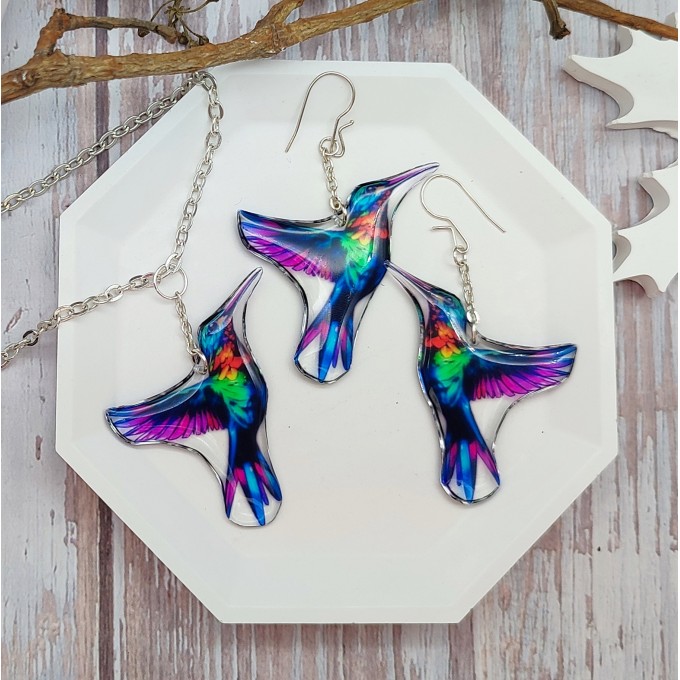 Hummingbird Earrings of Transparent Resin - Handmade, Unique Bird Jewelry