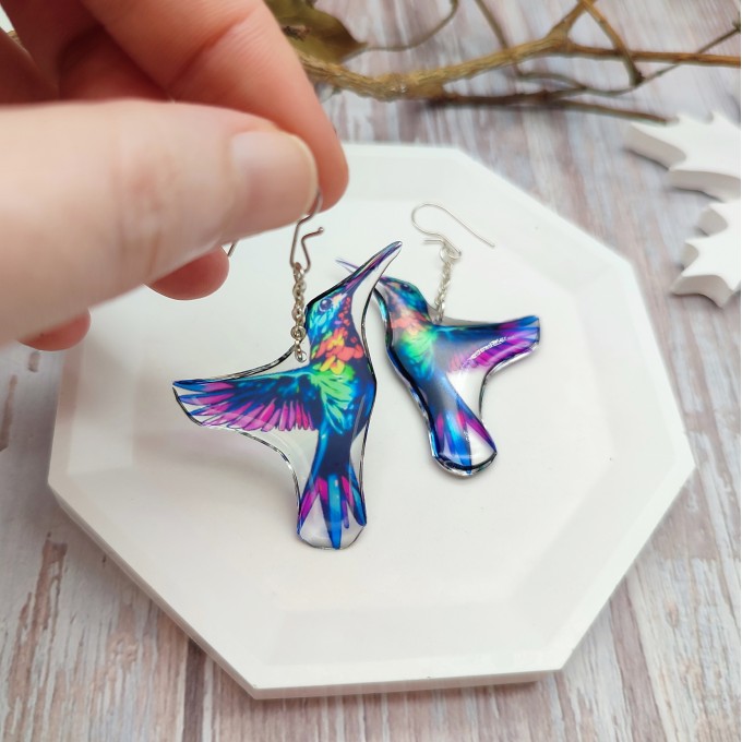 Hummingbird Earrings of Transparent Resin - Handmade, Unique Bird Jewelry