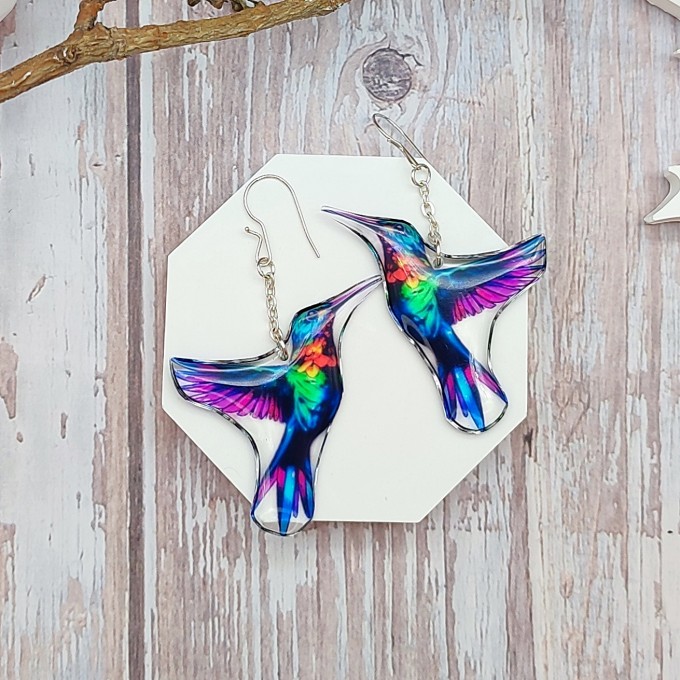 Hummingbird Earrings - Handmade, Transparent Resin Bird Jewelry