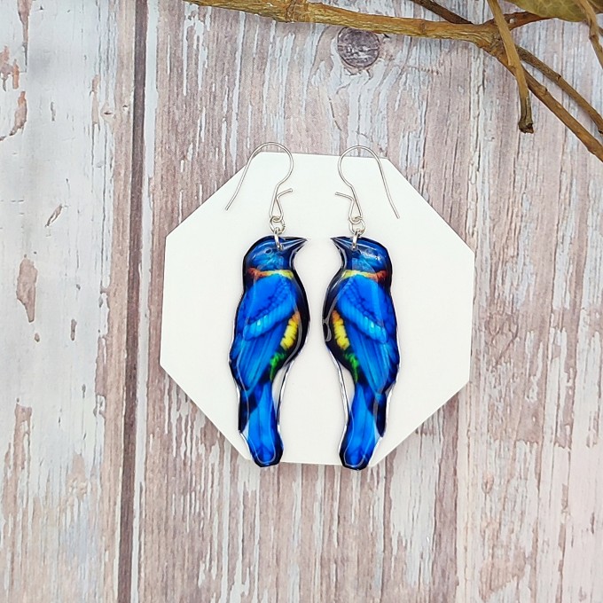 Blue Florida Scrub Jay Bird Earrings - Realistic Handcrafted