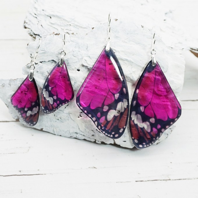 Handmade dark pink fuchsia butterfly wing earrings