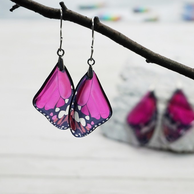 Dark Pink Fuchsia Butterfly Wing Earrings