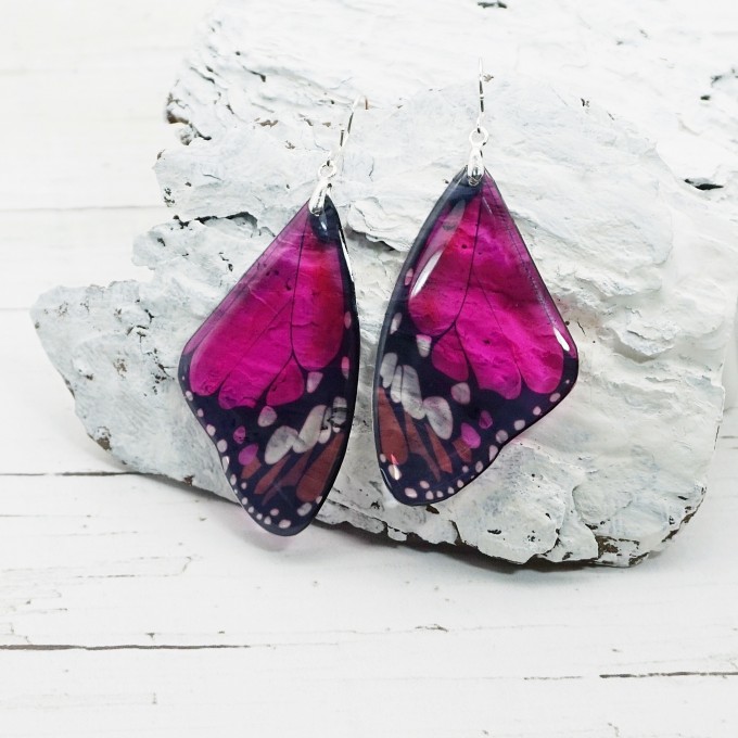 Dark Pink Fuchsia Butterfly Wing Earrings