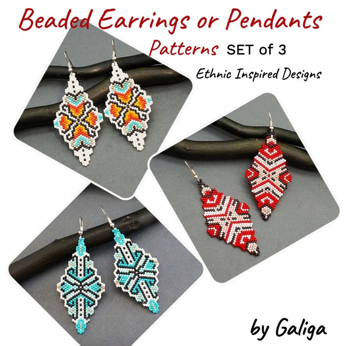 Huichol Inspired Beaded Earrings Patterns Set - Image showing vibrant and intricate beaded earring designs