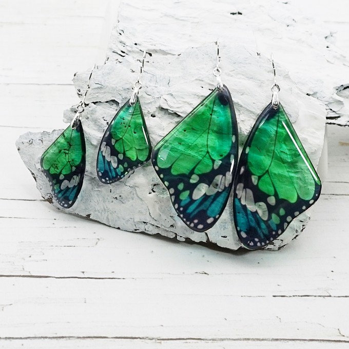 Handmade green butterfly wing earrings in clear resin.