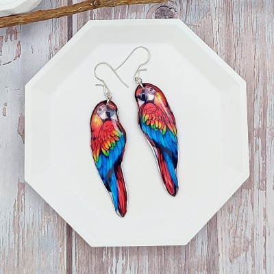 Macaw Parrot Earrings Handmade in Red and Blue - Colorful, Artistic Bird Jewelry