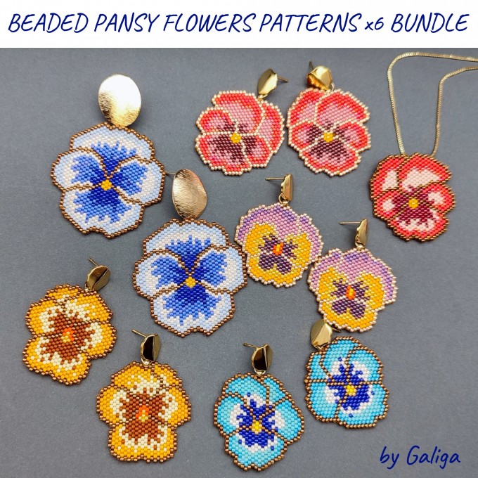 Beaded Pansy Flowers Patterns Set - intricate beaded pansy flower designs