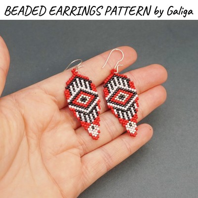 Beaded Earrings Pattern Red Leaf with Tribal Ornament