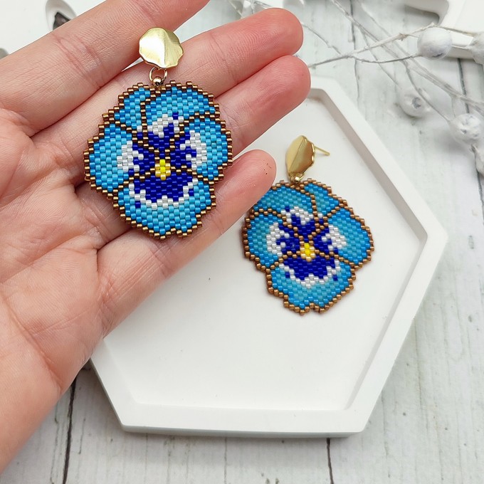 Charming Light Blue Pansy Earrings with Bright Blue Center and Gold Accents, 18 K Gold Filled Studs