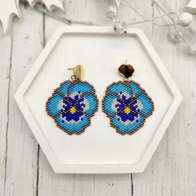 Charming Light Blue Pansy Earrings with Bright Blue Center and Gold Accents, 18 K Gold Filled Studs