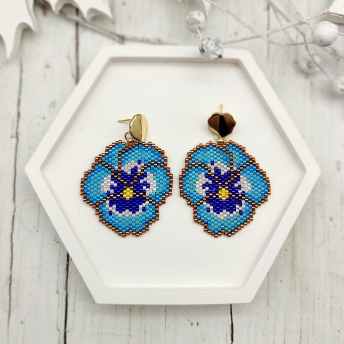 Light blue pansy earrings with bright blue center and gold accents, 18 K Gold Filled Studs