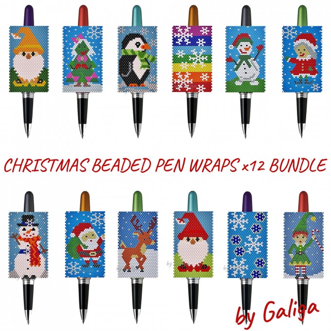 Beaded pen covers with Christmas-themed designs including Santa, reindeer, Christmas trees, gnomes, elves, snowmen, and snowflakes