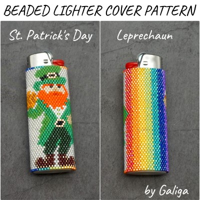 Leprechaun with Beer on Rainbow Background Beaded Lighter Case Pattern