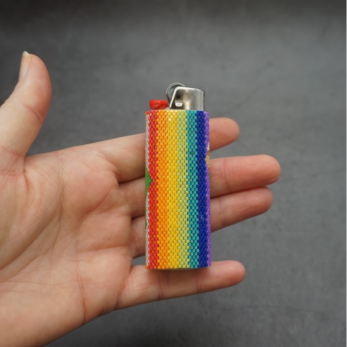 Leprechaun with Beer on Rainbow Background Beaded Lighter Case Pattern