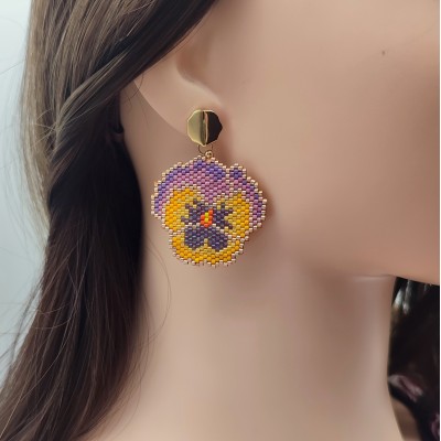 Delicate Pansy Earrings in Yellow Purple Shades