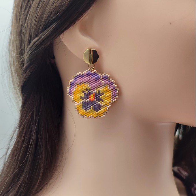 Delicate pansy earrings in yellow-purple shades with 18 K Gold Filled Studs