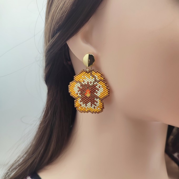 Beautiful Yellow-Brown Pansy Earrings with Feminine Floral 18 K Gold Filled Studs