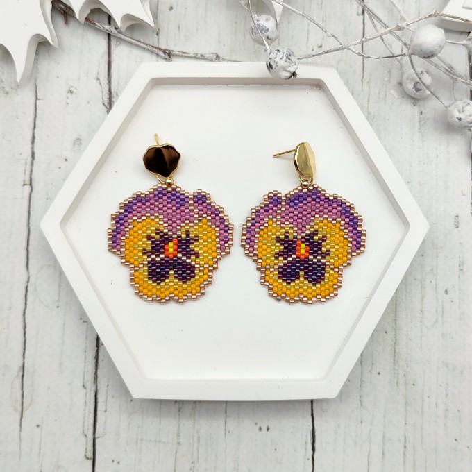 Delicate Pansy Earrings in Yellow-Purple Shades, Handcrafted with 18 K Gold Filled Studs