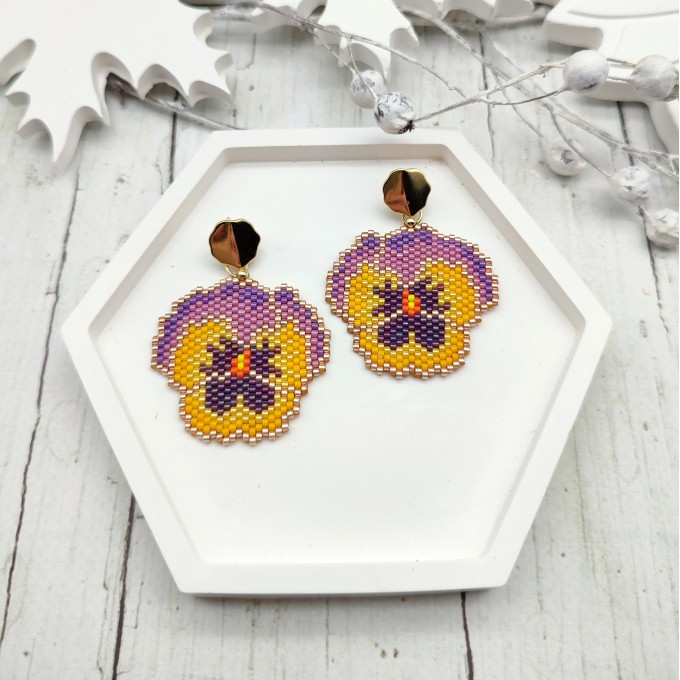 Delicate Pansy Earrings in Yellow-Purple Shades, Handcrafted with 18 K Gold Filled Studs