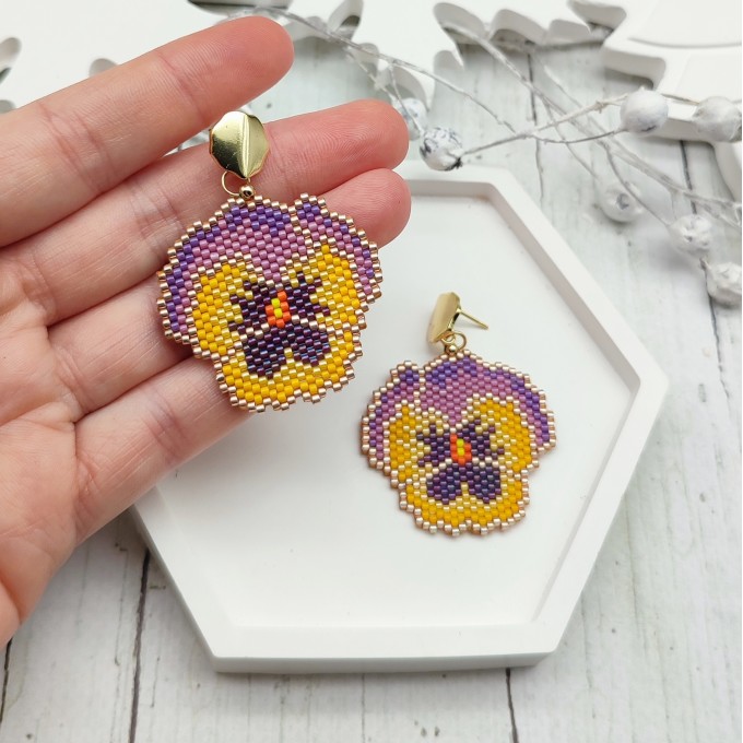 Delicate Pansy Earrings in Yellow-Purple Shades, Handcrafted with 18 K Gold Filled Studs