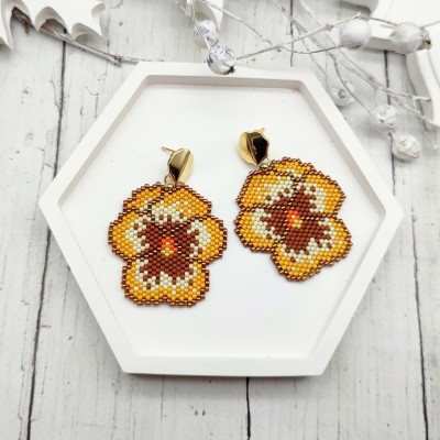 Beautiful Yellow-Brown Pansy Earrings with Feminine Floral 18 K Gold Filled Studs