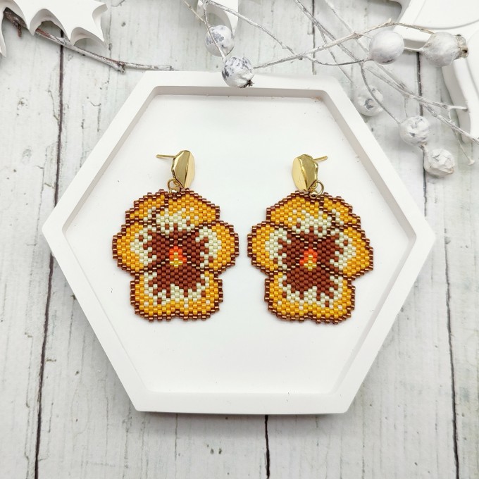 Beautiful Yellow-Brown Pansy Earrings with Feminine Floral 18 K Gold Filled Studs