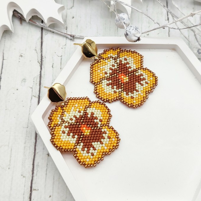 Beautiful Yellow-Brown Pansy Earrings with Feminine Floral 18 K Gold Filled Studs