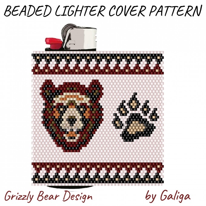 Beaded lighter holder featuring a majestic grizzly bear design