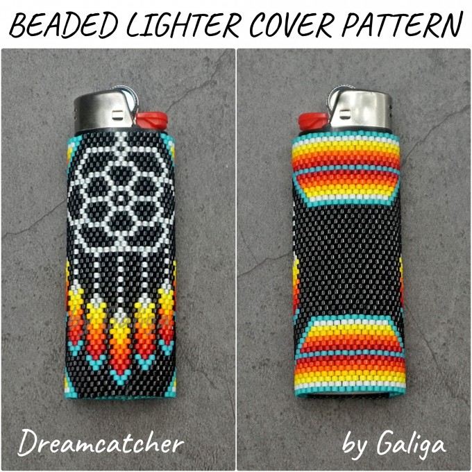 Beaded lighter cover featuring a dreamcatcher design in native colors