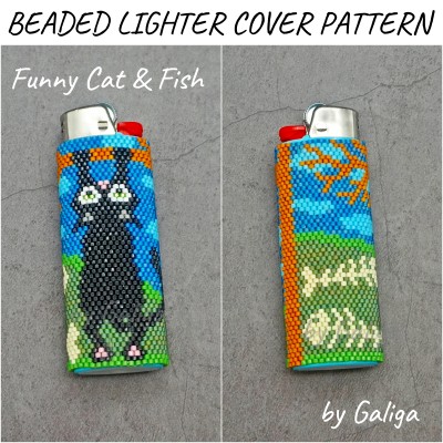 Funny Cat and Fish Beaded Lighter Cover Pattern