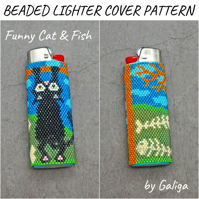 Beaded lighter cover with a playful cat and fish design