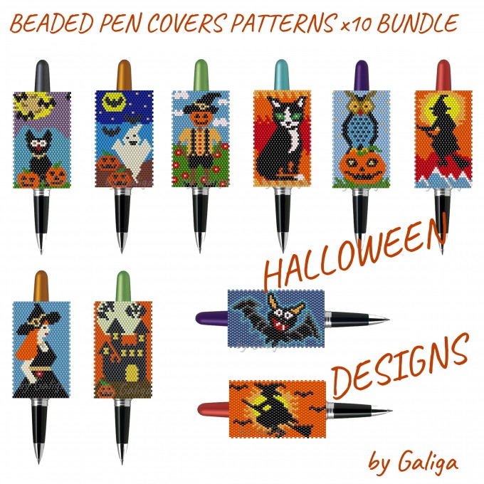 Beaded pen covers with Halloween-themed designs including pumpkins, witches, scarecrows, ghosts, bats, owls, and dark castle