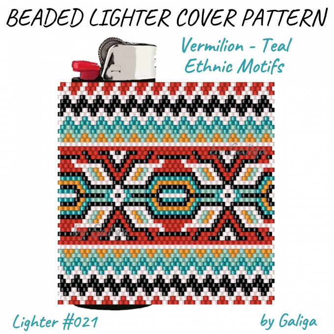 Beaded lighter case featuring vibrant vermillion and teal ethnic motifs