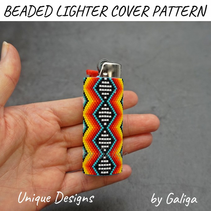 Lighter cover decorated with colorful tribal patterns using seed beads