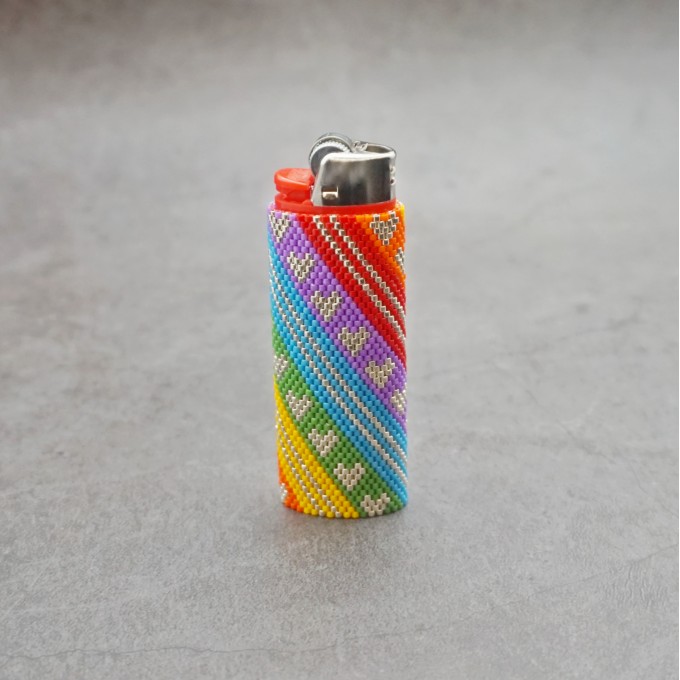 Silver Hearts on Rainbow Lighter Cover Beaded Pattern