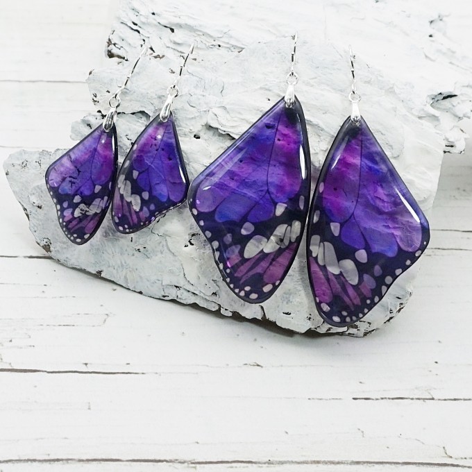 Mystic purple butterfly wing earrings, handmade and elegant